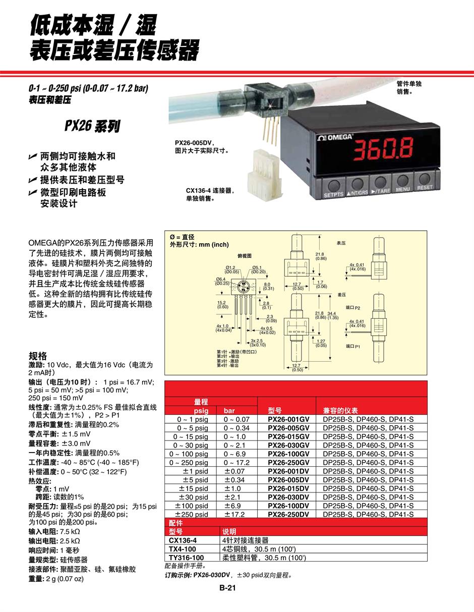 PX26 系列低成本濕／濕 表壓或差壓傳感器產品詳情