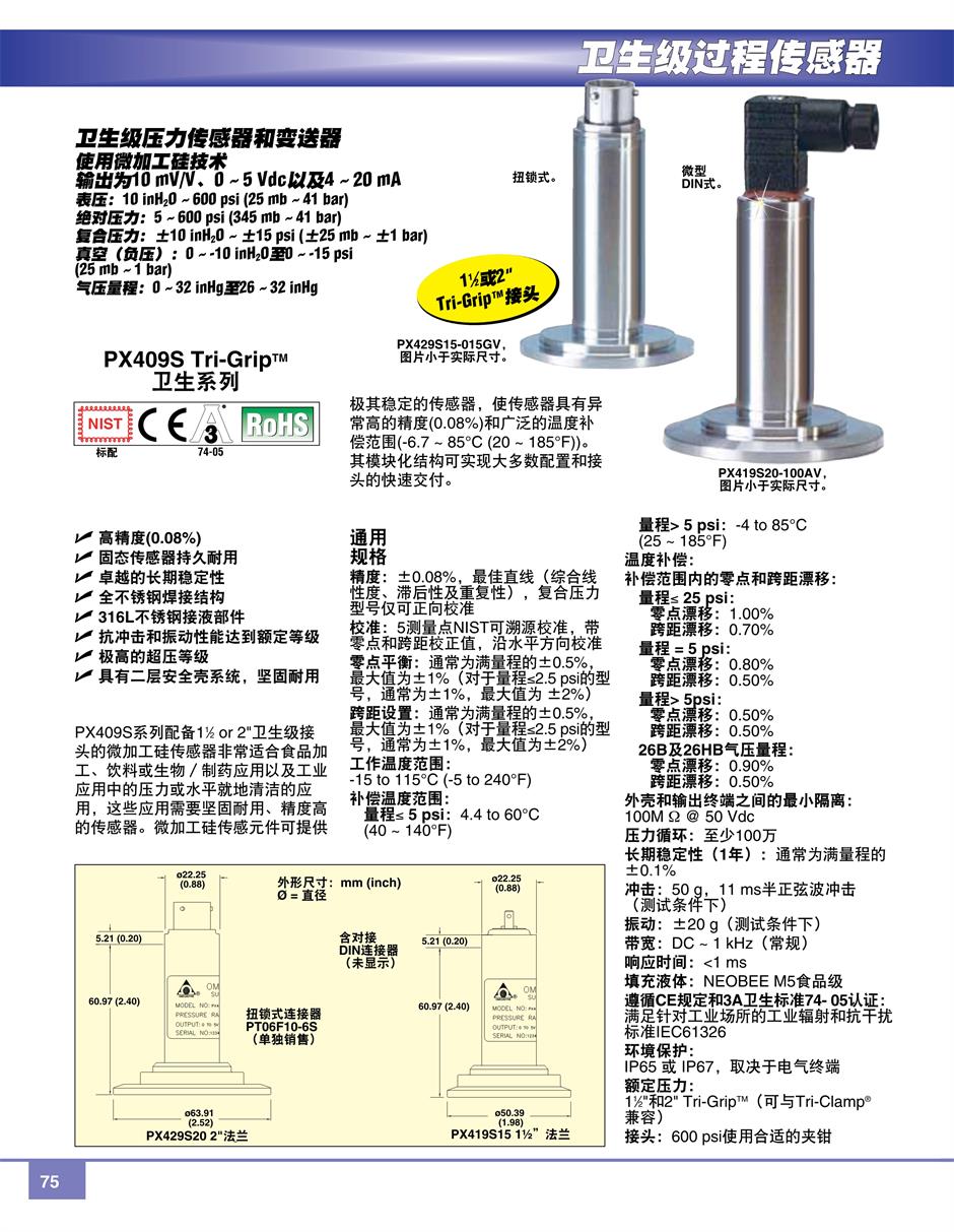 美國OMEGA PX409S 衛生系列衛生級壓力傳感器和變送器產品詳情